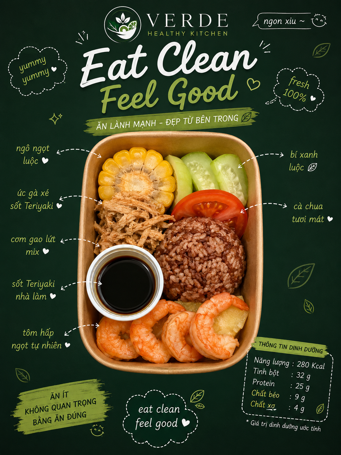 Cơm gạo lứt tôm hấp & ức gà xé sốt Teriyaki